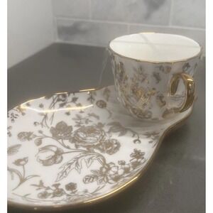 NEW-2 Grace Teaware Fine Porcelain Teacup & Snack Plate Set Golden Floral